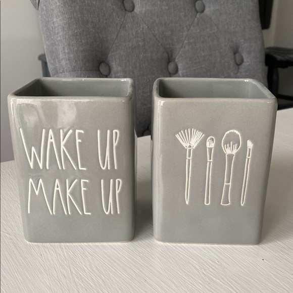 Rae Dunn Gray Ceramic Makeup Brush Holders WAKE UP MAKE UP and Brushes Set - Picture 1 of 6